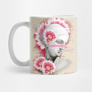Diana head statue with a pink gerberas flowers on a pink background. Mug